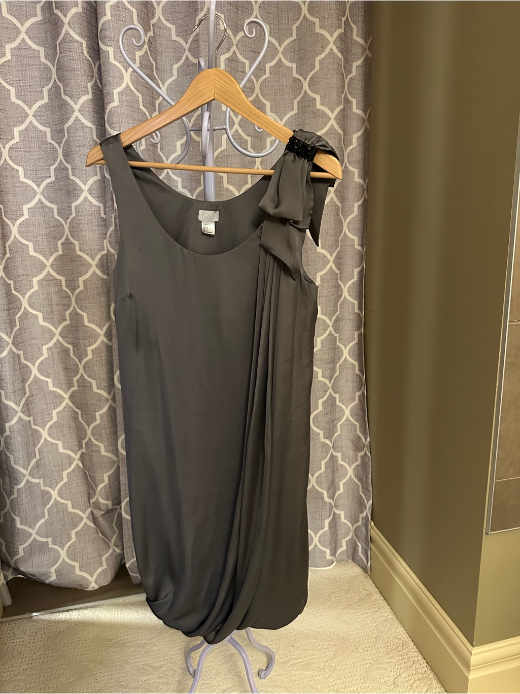 H&M One-Shoulder Charcoal Gray Dress With Shoulder Bow